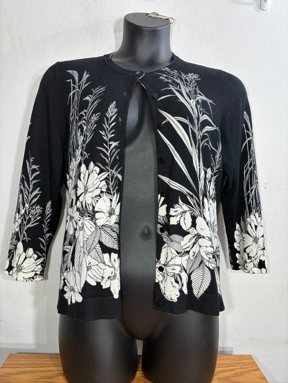 Charter Club Black Cardigan with White Floral Print Size L